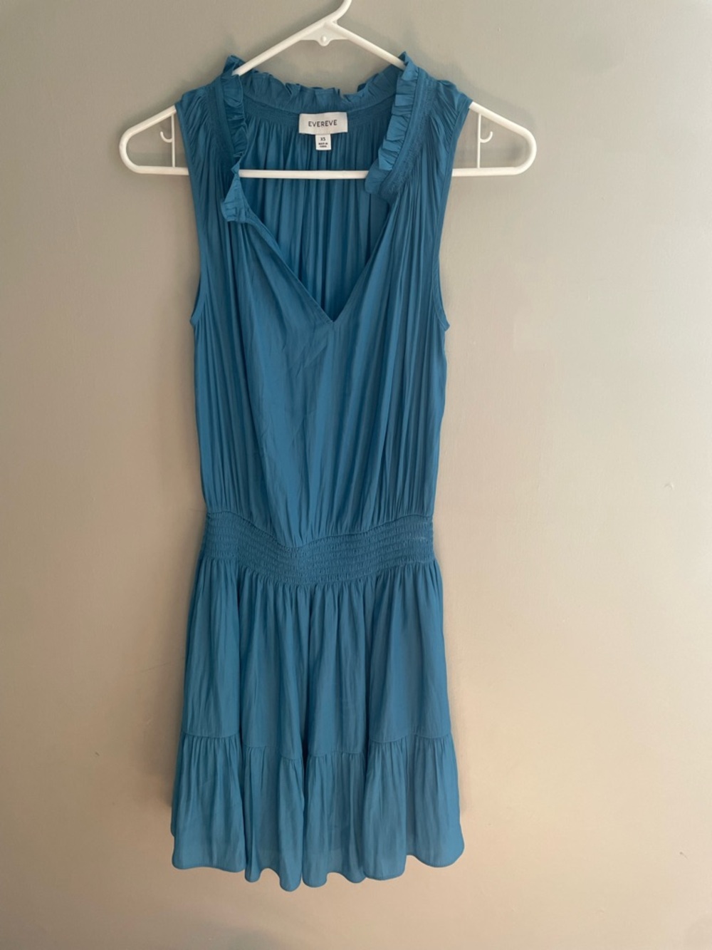 Evereve Teal Blue Ruffle Neck Pleated Dress Women’s XS Silk Like Feel‎ - Picture 2 of 8